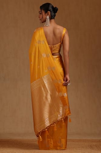 Soch Womens Yellow Tussar Floral Zari Woven Saree