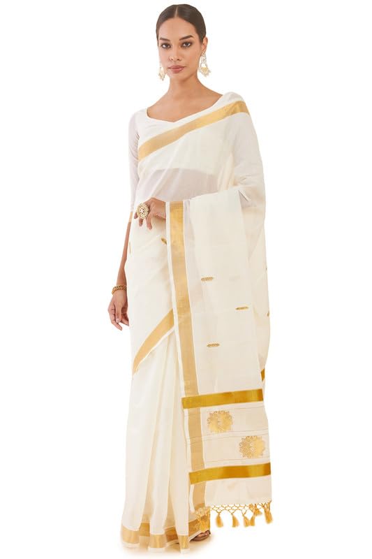 Soch Women Off White Cotton Kasavu Saree With Zari Woven Borders And Motifs, Off-White