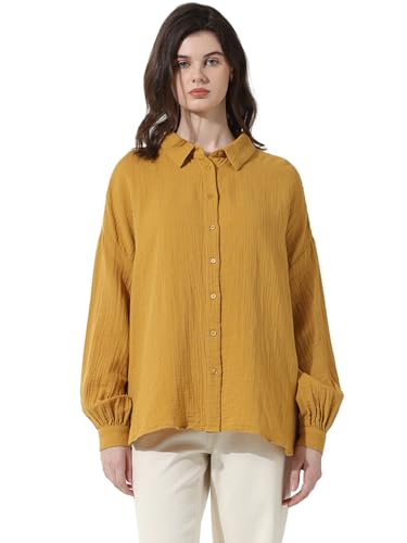 ONLY Women Solid Cotton Oversized Fit Yellow Shirt