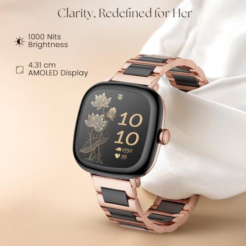 Titan AiRA 1.70" AMOLED Metal Case Square Display Smart Watch with Silicone Strap Stress Monitoring, 1000 Nits, Functional Crown, AI Enabled, IP68 Water Resistant Upto 7 Days Battery Life- Pink