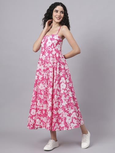 Divena Pink Floral Shoulder Straps Cotton Dress