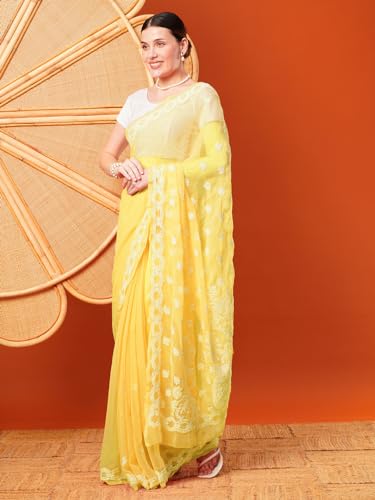 Ada Women Hand Embroidered Lucknowi Chikankari Georgette Saree With Unstitched Blouse Piece A129556, Yellow