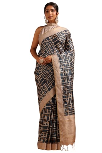 Soch Womens Blue Tussar Geometric Printed Saree
