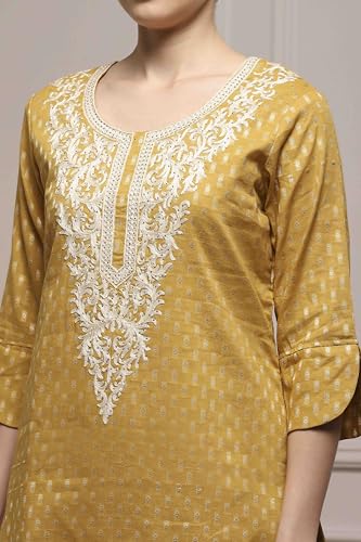 Biba Women Yellow Cotton Blend Thread Embroidered Unstitched Suit Set_FREE SIZE
