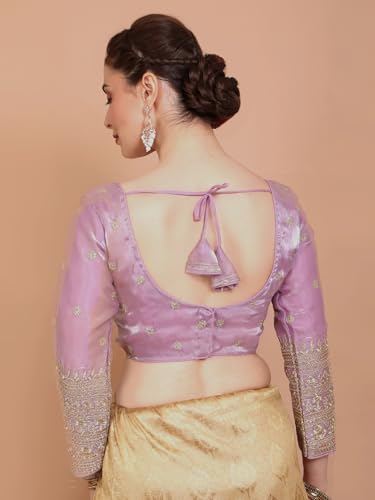 Salwar Studio Pink Organza V Neck Embroidered Readymade Alterable Blouse