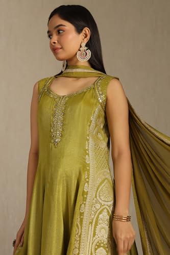 Soch Womens Green Tissue Zari Woven Suit Set With Mirror Work