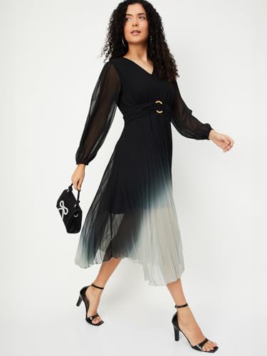 Max Women Ombre Pleated Midi Dress (Black_XXL)
