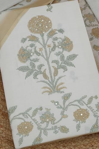 Soch Womens Off White Linen Blend Floral Print Unstitched Dress Material With Cutdana