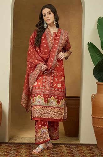 Janasya Women's Rust Orange Cotton Blend Floral Printed Pakistani Straight Kurta Set (JAC25ST02970-XL)