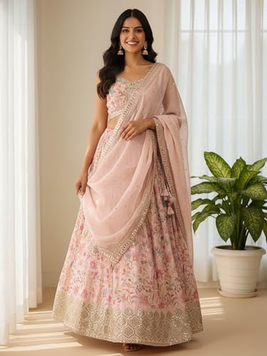 Zeel Clothing Women's Digital Print With Embroidered Organza Lehenga Choli With Dupatta (5104-Peach-Women-Lehenga-Choli-New, Free size)