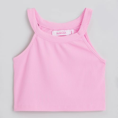 Hopscotch Girls Pink Sleeveless 2-Pc Cotton Halter Neck T-Shirt And Jeans For Ages(4-5 Years)