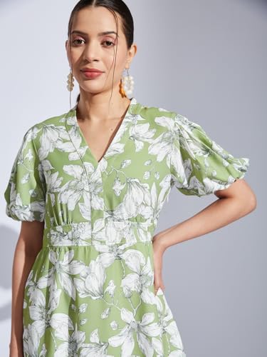 Latin Quarters Women Green V-Neck Half Sleeves Printed A-Line Dress for Casual Wear
