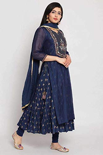 BIBA Women's Synthetic Yarndyed Fitted Salwar Kurta Dupatta(SKDFORMAL7204_NAVY_38)