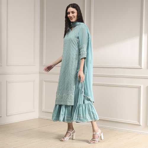 Biba Women's Cotton Blend Embroidered Straight Kurta (SKDMWR10867AW25POBL_Powder Blue