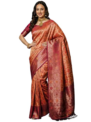 AKHILAM Women's Pink Kanjeevaram Silk Ethnic Motif Printed Saree With Unstitched Blouse Piece (23ALEKHA2303_AI)