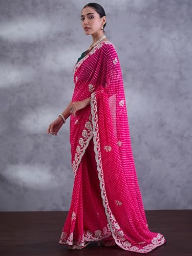 SAREE MALL Women's Pink Georgette Bandhani Printed Saree With Unstitched Blouse (DHNIYA901M7_DC)