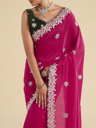 AKHILAM Women's Pink Vichitra Silk Floral Embellished Saree With Unstitched Blouse Piece (ANIKA2502_AG)