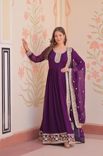 Mehervaa by vinni Purple Anarkali Suit with Gold Embroidery, Long Sleeve Ethnic Dress, Dupatta Included, Traditional Indian Wear (IN, Alpha, L, Regular)