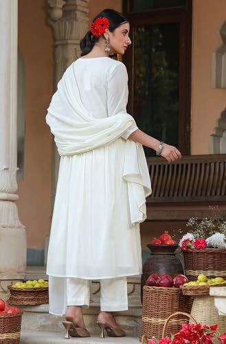 Janasya Women's Off White Pure Cotton Embroidered A-line Kurta Set (JAA25ST02097-S)