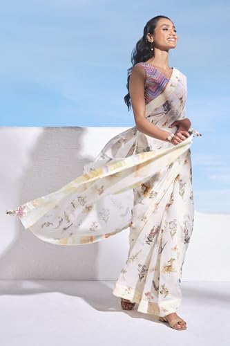 Taneira Women Off White Printed Pure Silk Cotton Saree with Unstitched Blouse Piece (SPH08F00024-Off White)