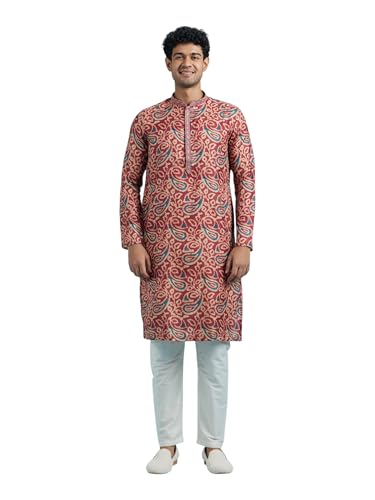 DIWAS BY MANYAVAR Men's Art Silk Printed Festive Kurta Set (2pc) (Maroon, M)