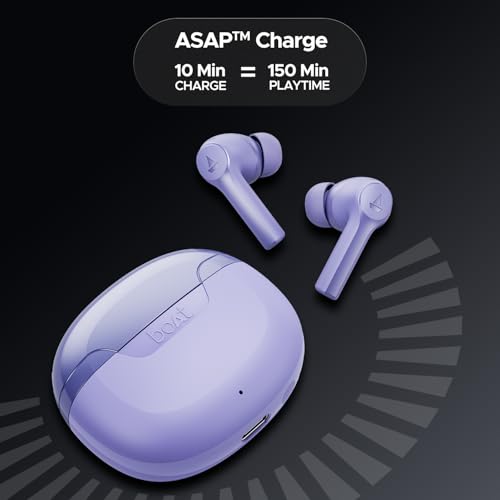 boAt Airdopes 300, Cinematic Spatial Audio, 50H Battery, 4Mic AI ENx, Fast Charge, App Support, Low Latency, IPX4, v5.3 Bluetooth Earbuds, TWS in Ear Earbuds Wireless Earphones with mic (Purple Haze)