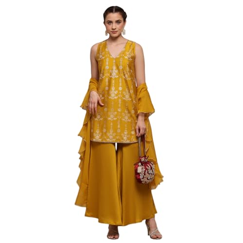 Biba Women Yellow Viscose Blend A-Line Printed Garara Suit Set_40