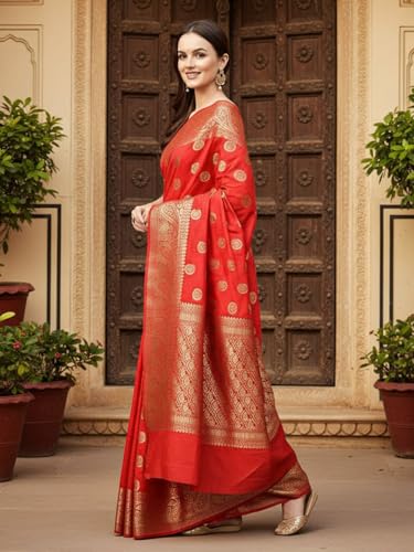 AKHILAM Women's Red Silk Blend Paisley Printed Saree With Unstitched Blouse Piece (2RAWS9032_AI)