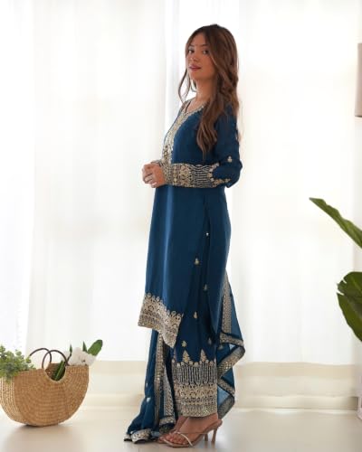 Leeli Peeri Designer Women's Chinon Silk Embroidery Work Straight Kurta Set With Dupatta.