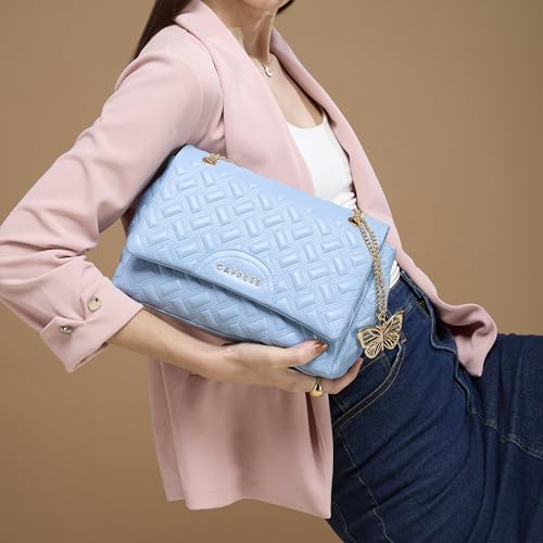 Caprese Cloud Large Sling Bag for Women | Embossed Faux Leather Shoulder & Crossbody Bag | Adjustable Strap | Multi-Compartment Purse with Zipper Closure & Elegant Butterfly Charm (Powder Blue)