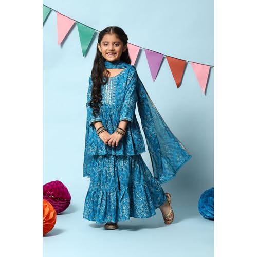 BIBA GIRL PRINTED FLARED KID(KW4948_TEAL BLUE_3)