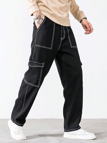 KOTTY Men's Solid Loose Fit Street Style Utility Wear Baggy Cargo Jeans(Black,28)