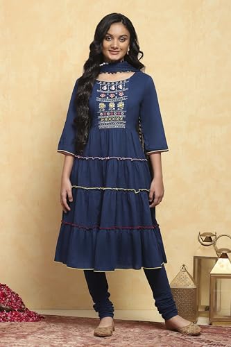 BIBA Girl's Navy Blue Cotton Tiered Solid Suit Set
