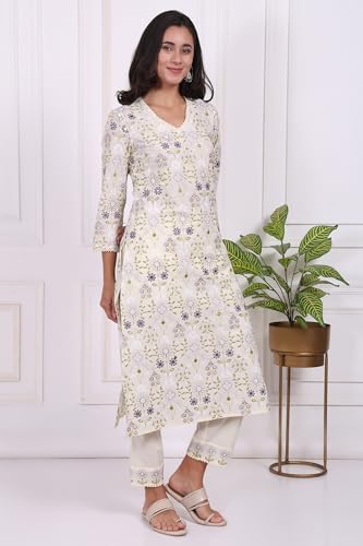 W for Woman White Floral Printed Embroidered Pure Cotton Straight Kurta, Pants and Dupatta Set - (WS12421-401366-XS)