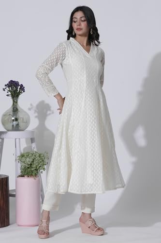 W for Woman Off-White Cotton Blend Anarkali Embroidered Kurta, Straight Pants and Dupatta Set (Size: 3XL)-24FESP10670-313617