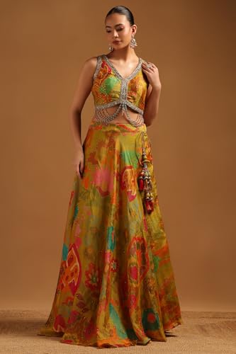 Soch Womens Light Green Tissue Embellished Lehenga Choli With Sequins