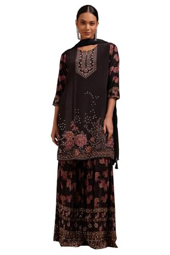 Soch Womens Black Crepe Floral Print Suit Set With Beads