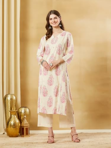 Divena Pink Floral Cotton Round Neck Kurta Sets with Dupatta