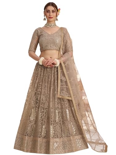 Zeel Clothing Women's Cotton Thread Sequins Work Embroidery Soft Net Lehenga Choli With Dupatta (NFH-2150-Matellic-Grey-Lehenga-Choli; Free size) (Matellic Grey)