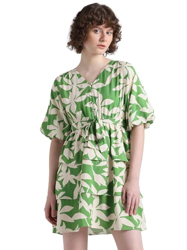 ONLY Women Printed Polyester Short Length Fit & Flare Green Tiered Dress