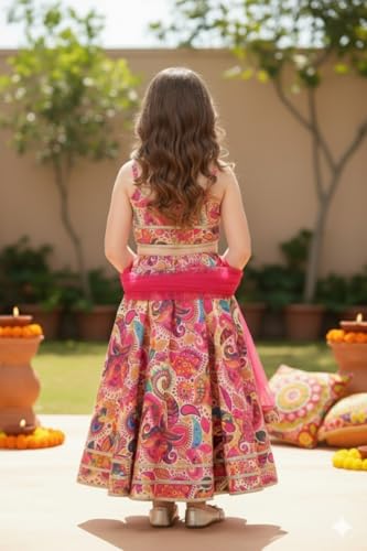 Naixa Girls Multicolor Digital Print Rayon Fabric Lehenga Choli with Dupatta Set | Ready to Wear Lehenga Choli Set | Lehenga Choli Set for Girls (SE51_5-6 YEAR)