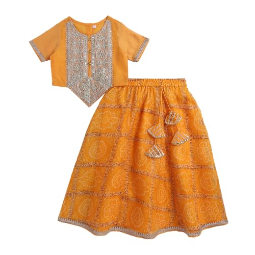 Hopscotch Girls Short Sleeves Yellow 2-Pc Bandhani Lehenga Set For Age (2-3 Years)