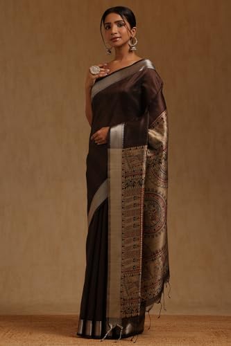 Soch Womens Brown Tussar Botanical Printed Saree