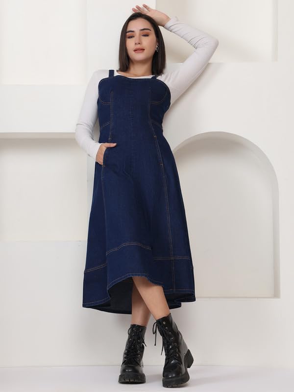 Puella Women’s Dark Blue Sleeveless Flared Denim Midi Dress | Sweetheart Neck | Fit & Flare Style | Stretchable Cotton | Casual Western Dress