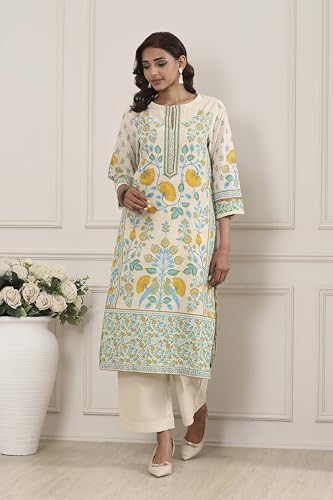 Biba Women Off White Cotton Straight Kurta_36