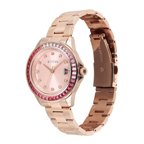 Titan Glamour Quartz Analog Pink Dial Stainless Steel Strap Watch for Women