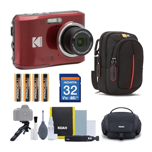 KODAK PIXPRO Friendly Zoom FZ45-WH 16MP Digital Camera with 4X Optical Zoom 27mm Wide Angle and 2.7' LCD Screen (Red) Bundle with Cleaning Kit, 32GB Memory Card, Camera Case, and Batteries (5 Items)