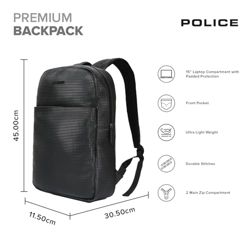 POLICE Black Medium Size 20Ltr Leather Backpack for Men & Women