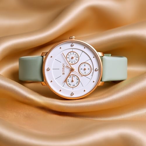 Titan Workwear Neo Quartz Multifunction White Dial Green Leather Strap Watch for Women - NT2651WL09