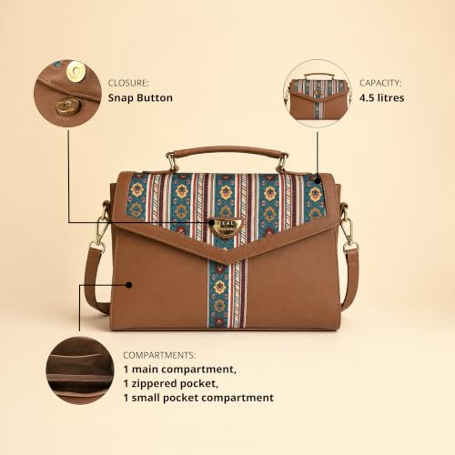 TEAL BY CHUMBAK Botanical Bail Flap Handbag for Women - Brown Polyester Flap Handbag with Adjustable Strap, 4.5L Storage | Snap Button Closure Sling Purse | Gifts for Women, Ladies Purse